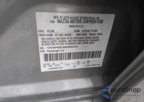 2008 Mazda Mazda6 I Sport Ve z USA, uszkodzony, nr VIN 1YVHP80C685M30731